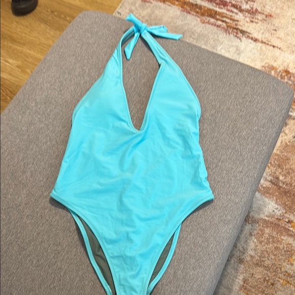 NWT Aerie Women's Medium Halter Tie Back Low Cut One Piece Swimsuit Teal - Picture 1 of 5